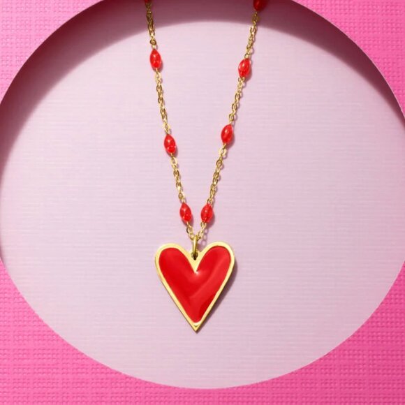 Italian Personalized (Letter "M") Red Enamel Heart Necklace in 14kt Yellow Gold - Picture 3 of 5